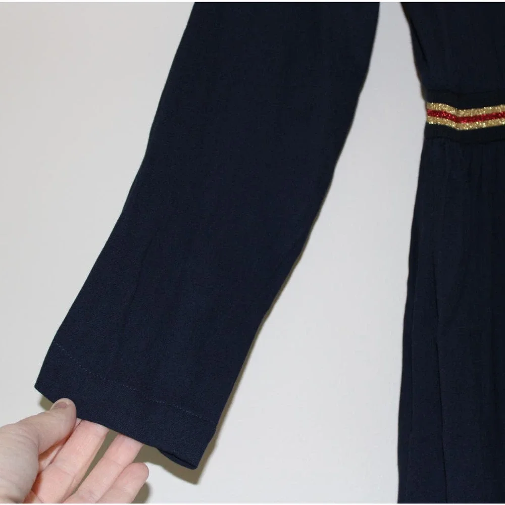 NWT Bonpoint Girl's Julie Dress Long Sleeve Navy Wool Viscose Red Gold Stripe 12